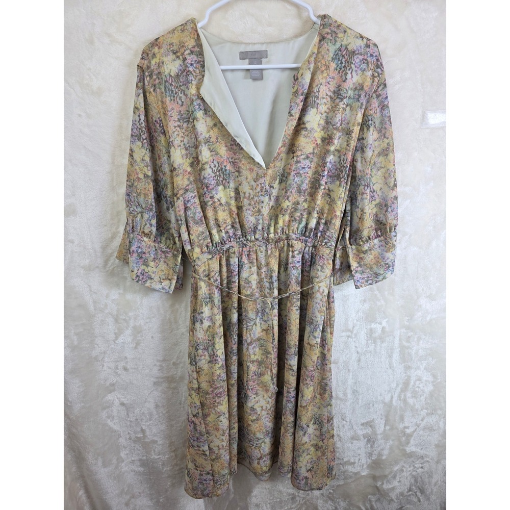 HM Floral V-Neck Midi Dress Yellow Pink Purple Elastic‎ Waist Size L 1052097 5